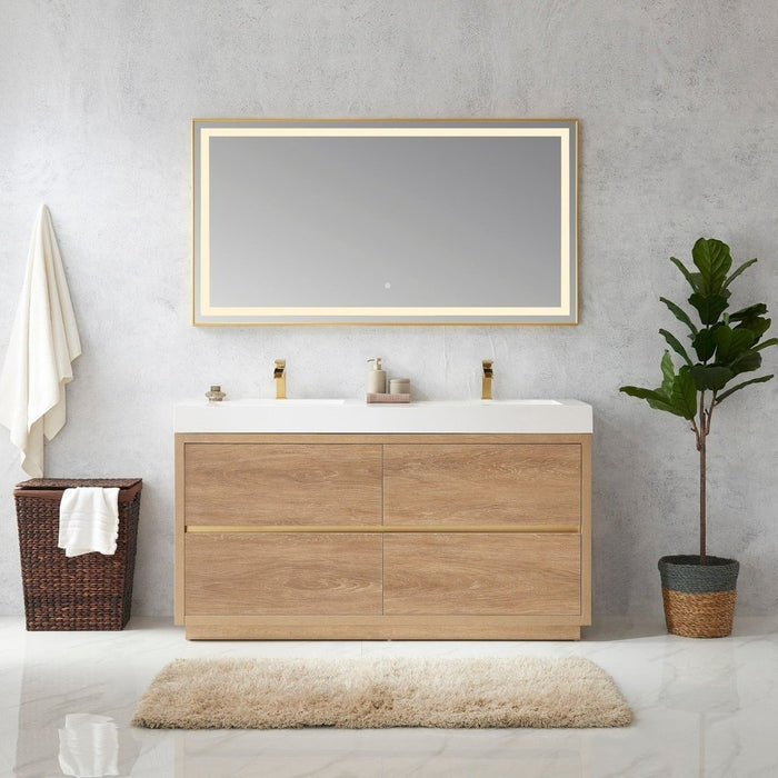 Vinnova Designs Huesca 60M" Double Sink Bath Vanity in North American Oak with White Composite Integral Square Sink Top and Mirror