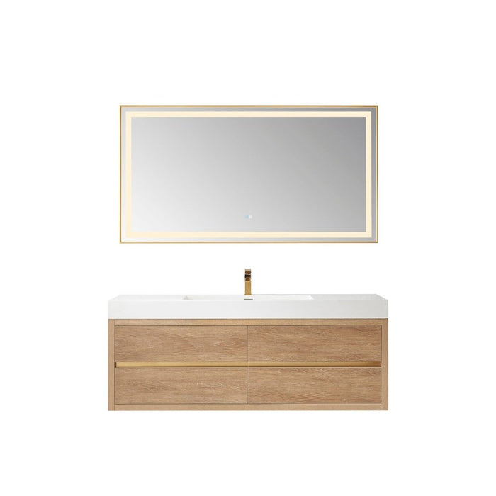 Vinnova Designs Palencia 60" Single Sink Wall-Mount Bath Vanity in North American Oak with White Composite Integral Square Sink Top and Mirror