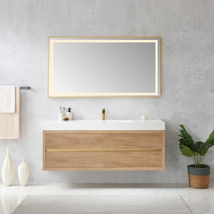 Vinnova Designs Palencia 60" Single Sink Wall-Mount Bath Vanity in North American Oak with White Composite Integral Square Sink Top and Mirror