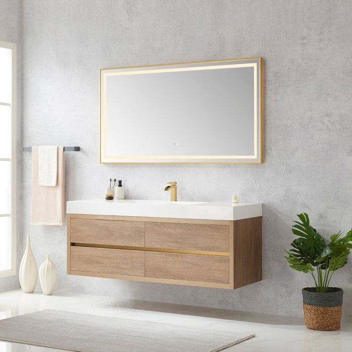 Vinnova Designs Palencia 60" Single Sink Wall-Mount Bath Vanity in North American Oak with White Composite Integral Square Sink Top and Mirror