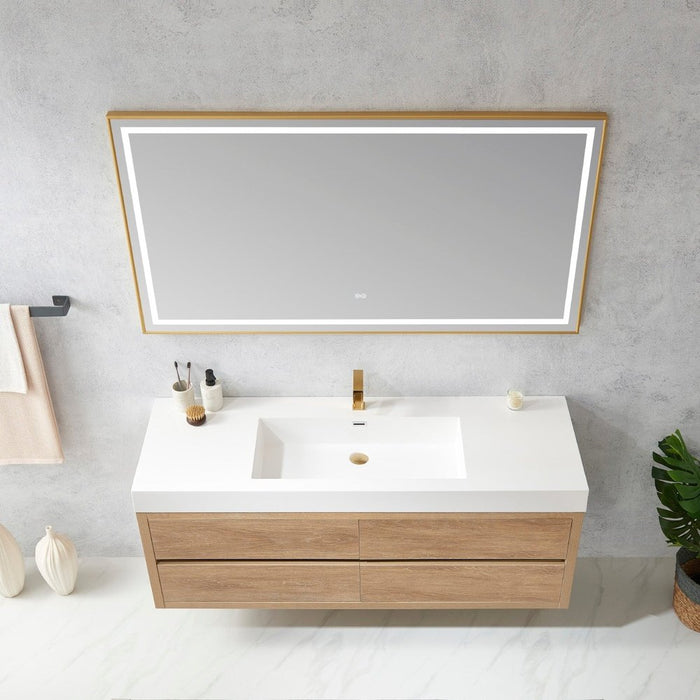 Vinnova Designs Palencia 60" Single Sink Wall-Mount Bath Vanity in North American Oak with White Composite Integral Square Sink Top and Mirror