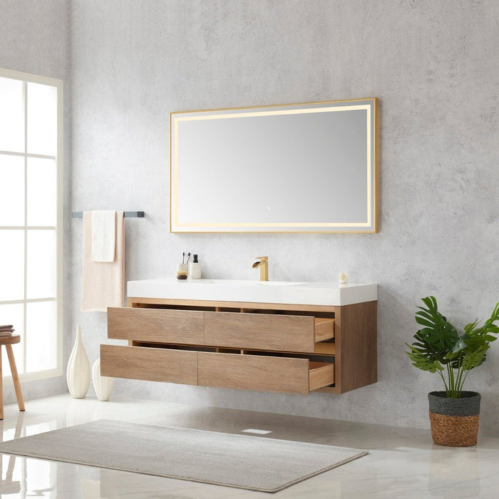 Vinnova Designs Palencia 60" Single Sink Wall-Mount Bath Vanity in North American Oak with White Composite Integral Square Sink Top and Mirror