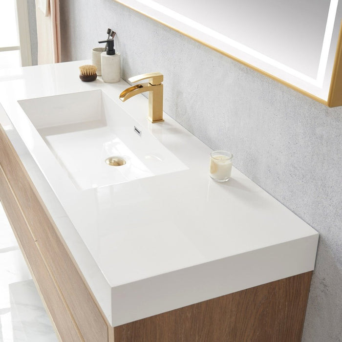 Vinnova Designs Palencia 60" Single Sink Wall-Mount Bath Vanity in North American Oak with White Composite Integral Square Sink Top and Mirror