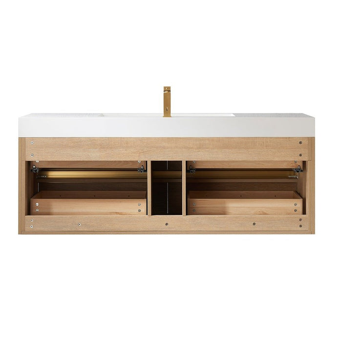 Vinnova Designs Palencia 60" Single Sink Wall-Mount Bath Vanity in North American Oak with White Composite Integral Square Sink Top and Mirror