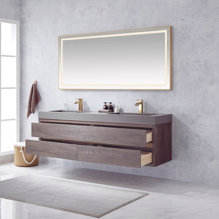 Vinnova Designs Palencia 72" Double Sink Wall-Mount Bath Vanity in North Carolina Oak with Grey Composite Integral Square Sink Top and Mirror