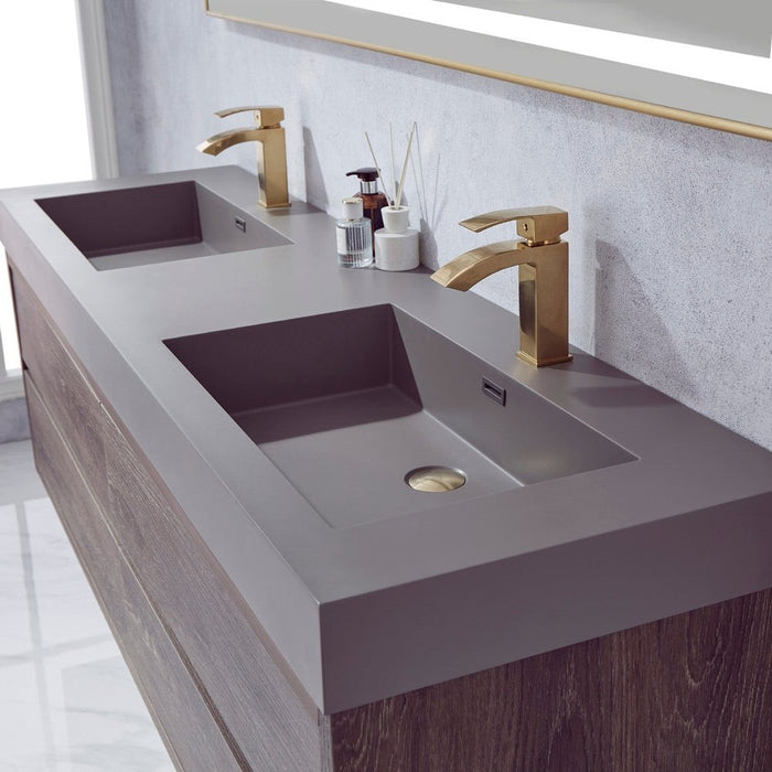 Vinnova Designs Palencia 72" Double Sink Wall-Mount Bath Vanity in North Carolina Oak with Grey Composite Integral Square Sink Top and Mirror