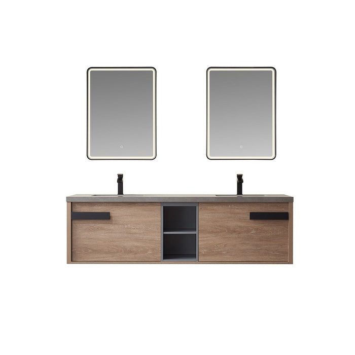 Vinnova Designs Carcastillo 72" Double Sink Bath Vanity in North American Oak with Grey Sintered Stone Top and Mirror