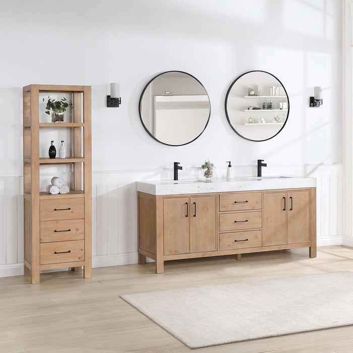 Vinnova Designs León 72in. Free-standing Double Bathroom Vanity in Fir Wood Brown with Composite top in Lightning White and Mirror