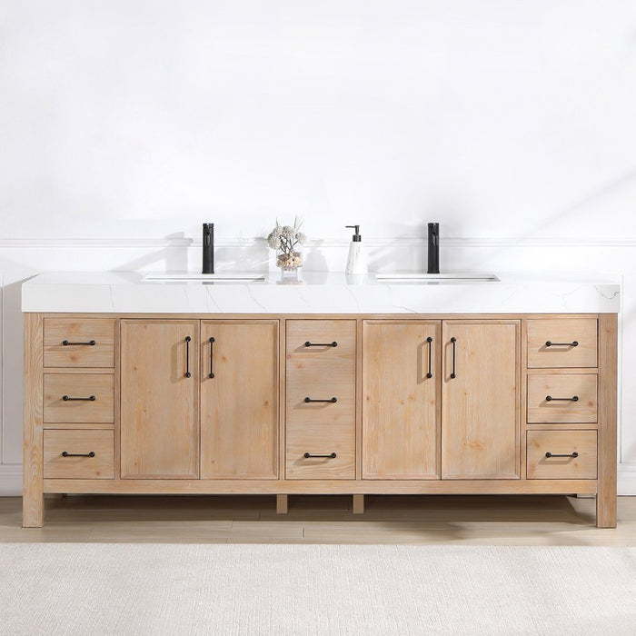 Vinnova Designs León 84in. Free-standing Double Bathroom Vanity in Fir Wood Brown with Composite top in Lightning White