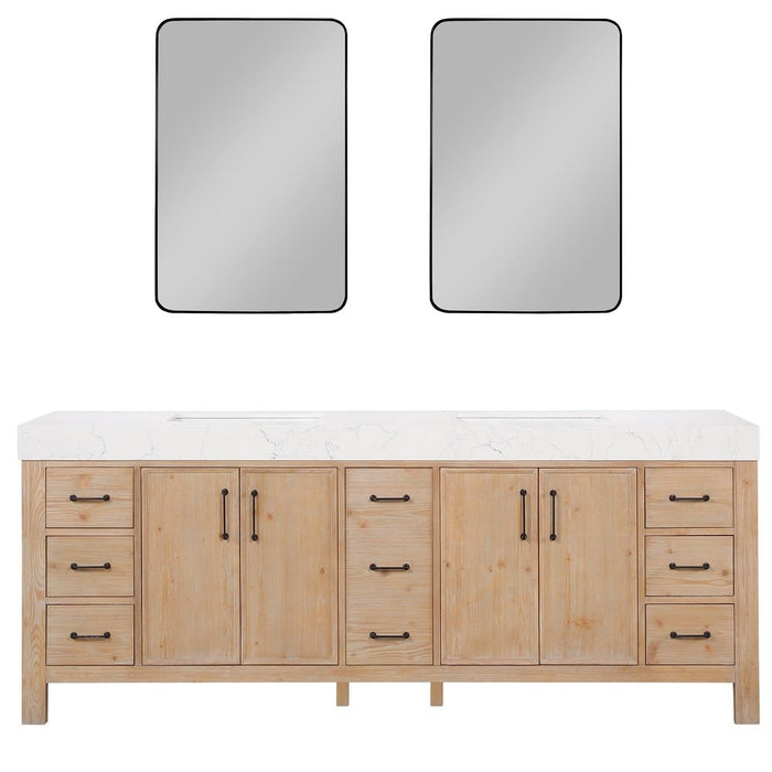 Vinnova Designs León 84in. Free-standing Double Bathroom Vanity in Fir Wood Brown with Composite top in Lightning White and Mirror