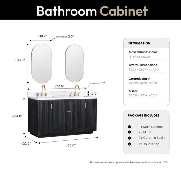 Vinnova Designs Cádiz 60in. Free-standing Double Bathroom Vanity in Fir Wood Black with Composite top in Lightning White and Mirror