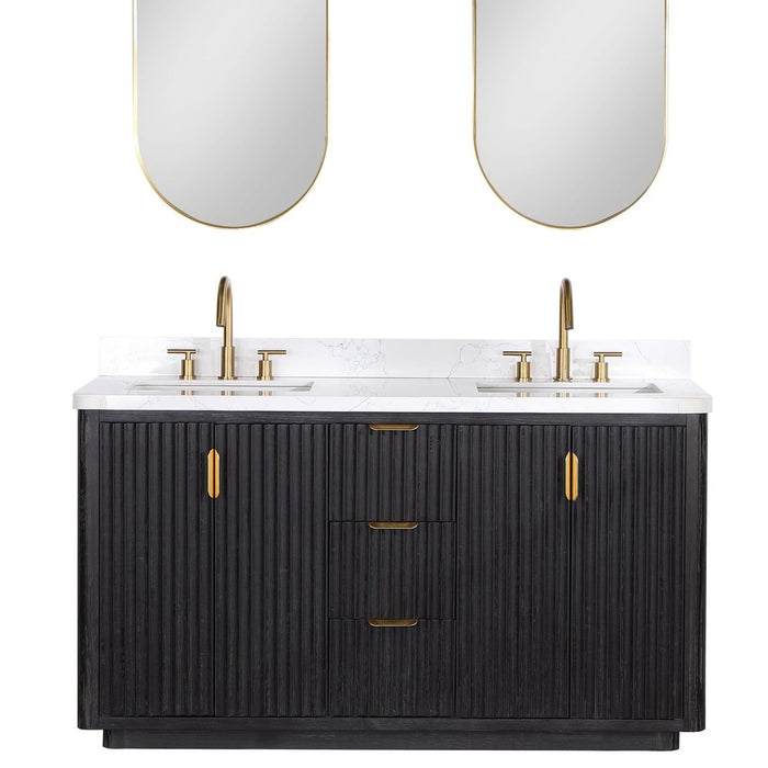 Vinnova Designs Cádiz 60in. Free-standing Double Bathroom Vanity in Fir Wood Black with Composite top in Lightning White and Mirror