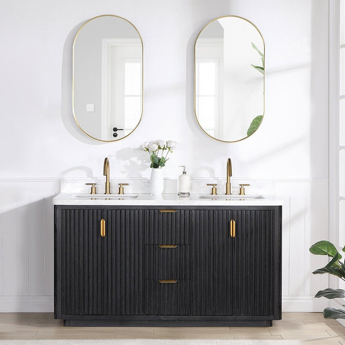 Vinnova Designs Cádiz 60in. Free-standing Double Bathroom Vanity in Fir Wood Black with Composite top in Lightning White and Mirror