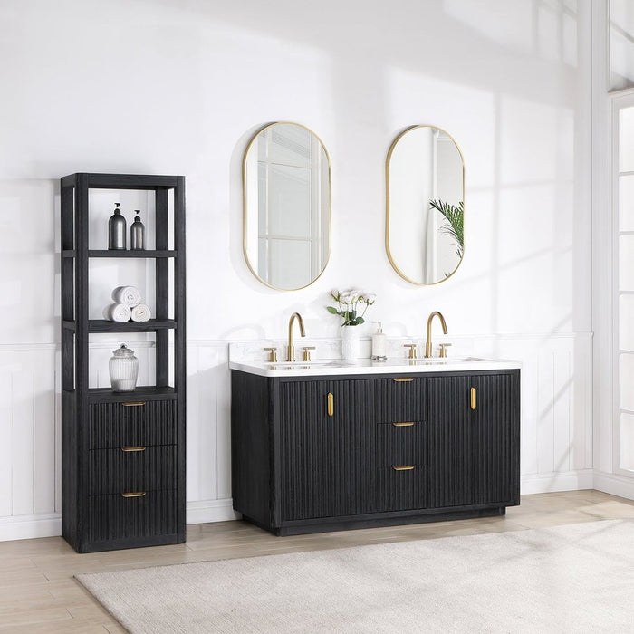 Vinnova Designs Cádiz 60in. Free-standing Double Bathroom Vanity in Fir Wood Black with Composite top in Lightning White and Mirror