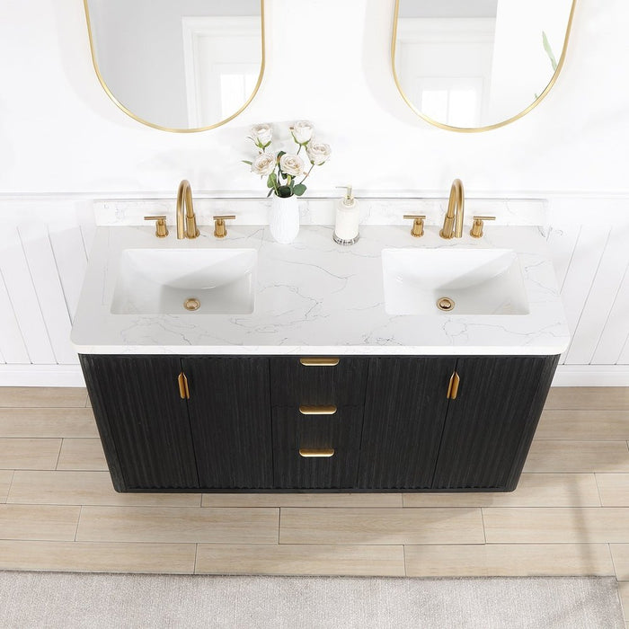 Vinnova Designs Cádiz 60in. Free-standing Double Bathroom Vanity in Fir Wood Black with Composite top in Lightning White and Mirror