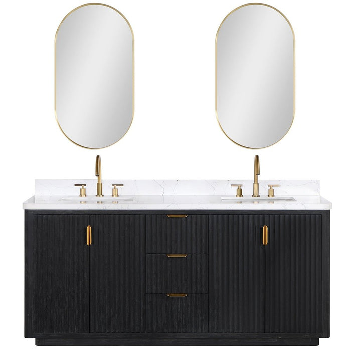 Vinnova Designs Cádiz 72in. Free-standing Double Bathroom Vanity in Fir Wood Black with Composite top in Lightning White and Mirror