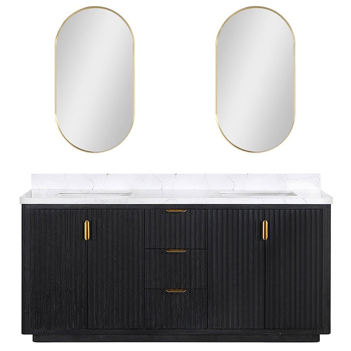 Vinnova Designs Cádiz 72in. Free-standing Double Bathroom Vanity in Fir Wood Black with Composite top in Lightning White and Mirror