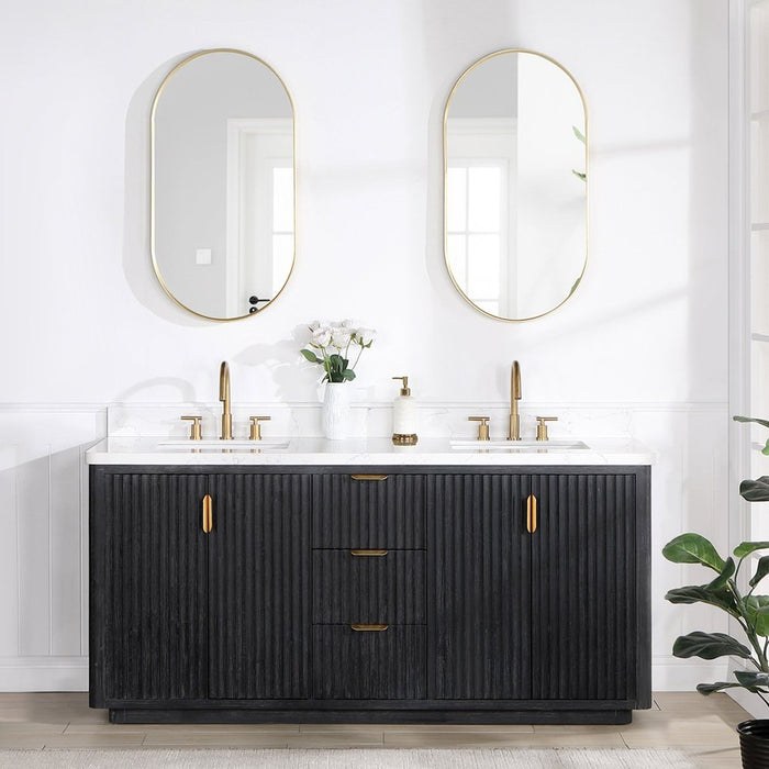 Vinnova Designs Cádiz 72in. Free-standing Double Bathroom Vanity in Fir Wood Black with Composite top in Lightning White and Mirror