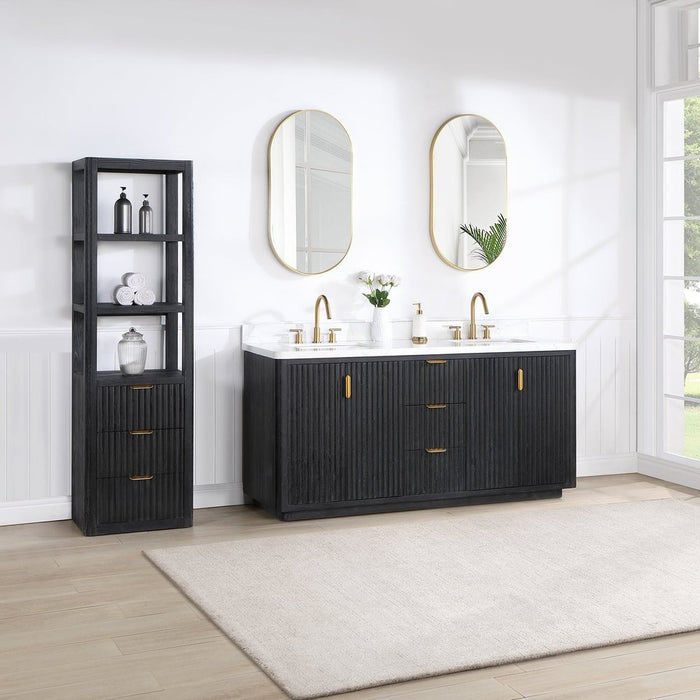 Vinnova Designs Cádiz 72in. Free-standing Double Bathroom Vanity in Fir Wood Black with Composite top in Lightning White and Mirror