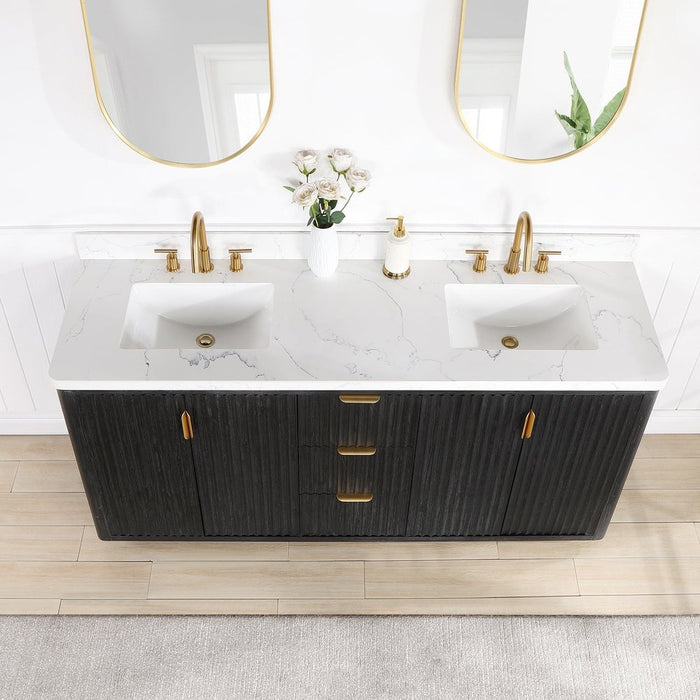 Vinnova Designs Cádiz 72in. Free-standing Double Bathroom Vanity in Fir Wood Black with Composite top in Lightning White and Mirror