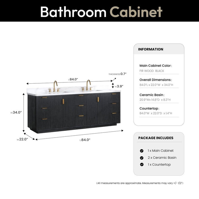 Vinnova Designs Cádiz 84in. Free-standing Double Bathroom Vanity in Fir Wood Black with Composite top in Lightning White