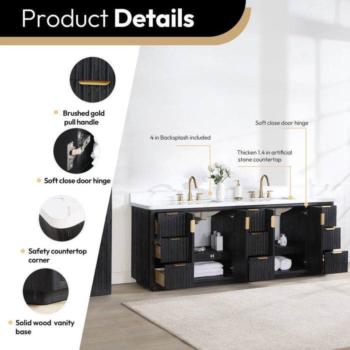 Vinnova Designs Cádiz 84in. Free-standing Double Bathroom Vanity in Fir Wood Black with Composite top in Lightning White and Mirror