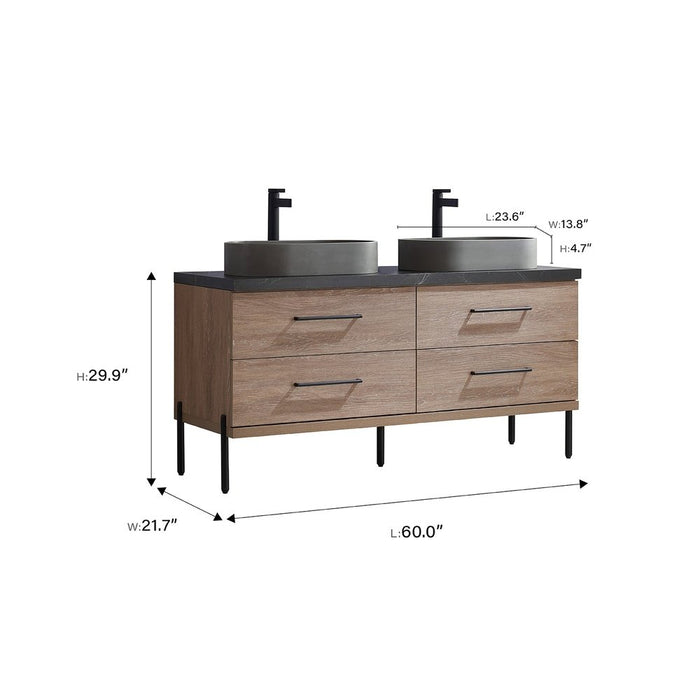 Vinnova Designs Trento 60" Double Sink Bath Vanity in North American Oak with Black Sintered Stone Top with Concrete Sink and Mirror