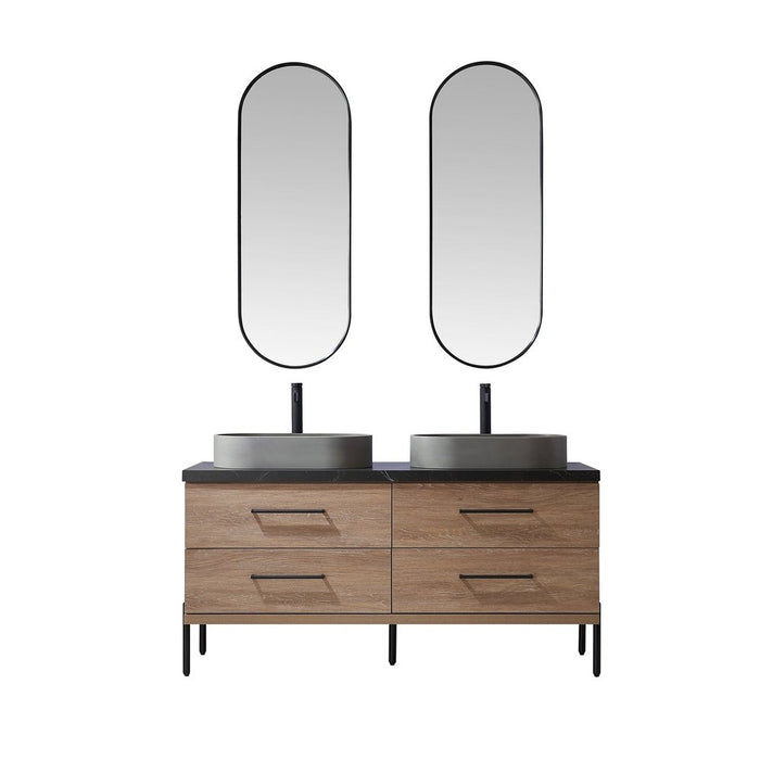 Vinnova Designs Trento 60" Double Sink Bath Vanity in North American Oak with Black Sintered Stone Top with Concrete Sink and Mirror