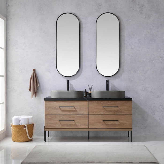 Vinnova Designs Trento 60" Double Sink Bath Vanity in North American Oak with Black Sintered Stone Top with Concrete Sink and Mirror