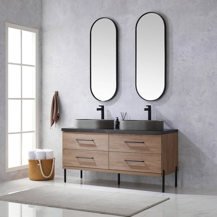 Vinnova Designs Trento 60" Double Sink Bath Vanity in North American Oak with Black Sintered Stone Top with Concrete Sink and Mirror