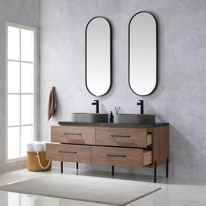 Vinnova Designs Trento 60" Double Sink Bath Vanity in North American Oak with Black Sintered Stone Top with Concrete Sink and Mirror