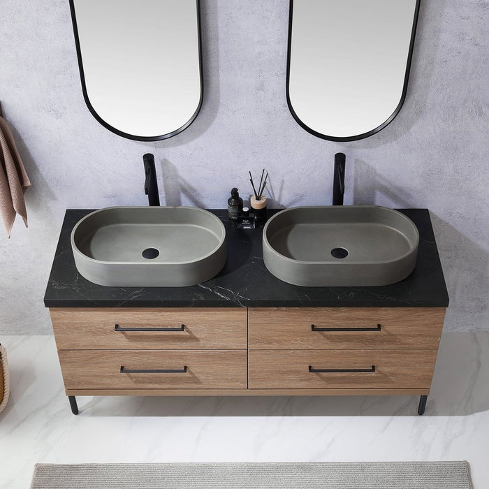 Vinnova Designs Trento 60" Double Sink Bath Vanity in North American Oak with Black Sintered Stone Top with Concrete Sink and Mirror