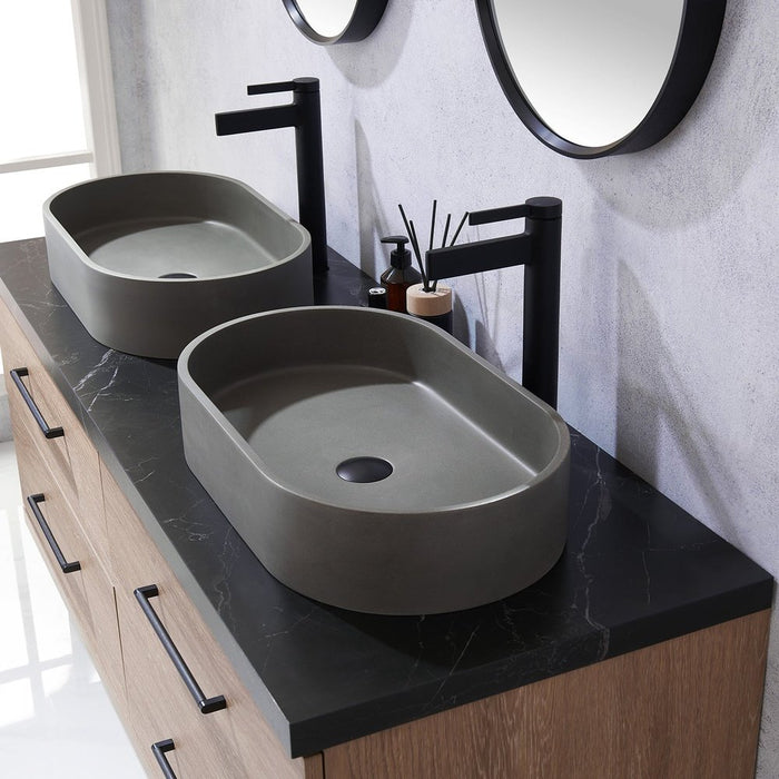 Vinnova Designs Trento 60" Double Sink Bath Vanity in North American Oak with Black Sintered Stone Top with Concrete Sink and Mirror