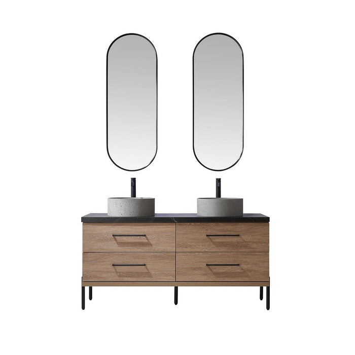 Vinnova Designs Trento 60" Double Sink Bath Vanity in North American Oak with Black Sintered Stone Top with Concrete Sink and Mirror