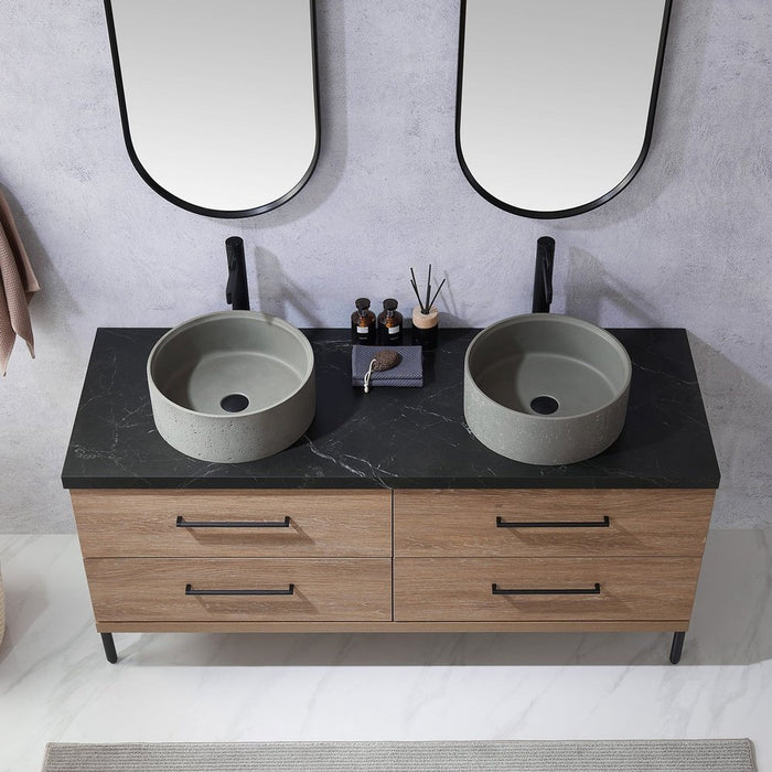 Vinnova Designs Trento 60" Double Sink Bath Vanity in North American Oak with Black Sintered Stone Top with Concrete Sink and Mirror