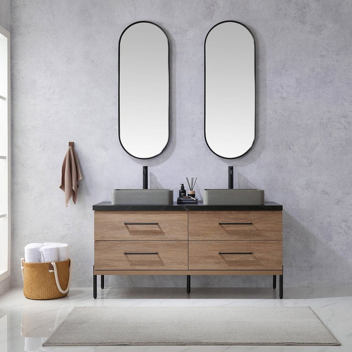 Vinnova Designs Trento 60" Double Sink Bath Vanity in North American Oak with Black Sintered Stone Top with Concrete Sink and Mirror