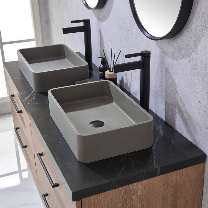 Vinnova Designs Trento 60" Double Sink Bath Vanity in North American Oak with Black Sintered Stone Top with Concrete Sink and Mirror