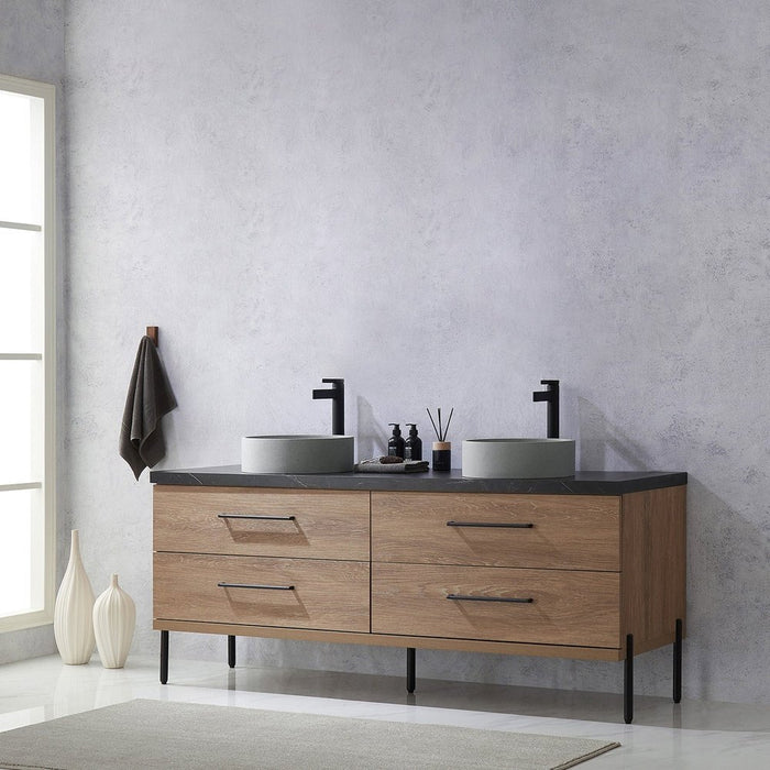 Vinnova Designs Trento 72" Double Sink Bath Vanity in North American Oak with Black Sintered Stone Top with Concrete Sink