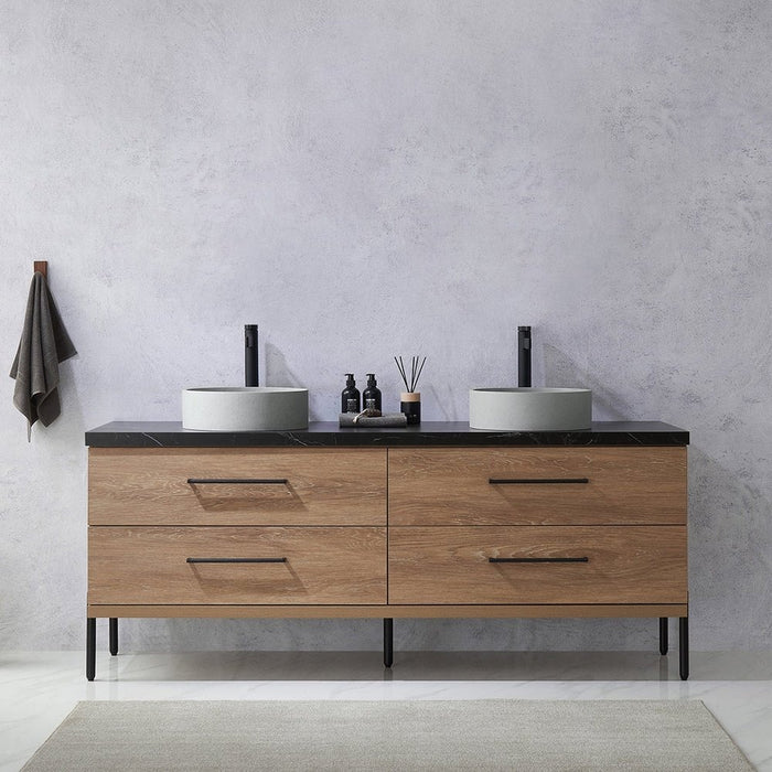 Vinnova Designs Trento 72" Double Sink Bath Vanity in North American Oak with Black Sintered Stone Top with Concrete Sink