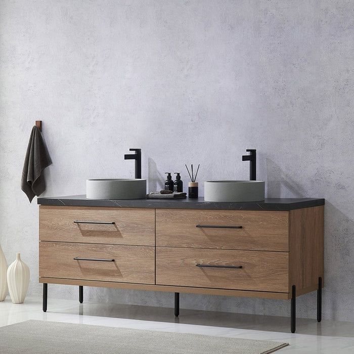 Vinnova Designs Trento 72" Double Sink Bath Vanity in North American Oak with Black Sintered Stone Top with Concrete Sink