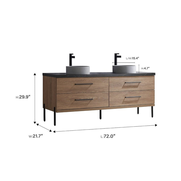 Vinnova Designs Trento 72" Double Sink Bath Vanity in North American Oak with Black Sintered Stone Top with Concrete Sink and Mirror