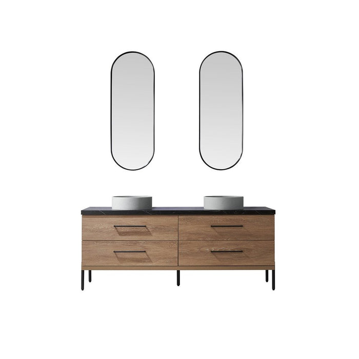 Vinnova Designs Trento 72" Double Sink Bath Vanity in North American Oak with Black Sintered Stone Top with Concrete Sink and Mirror