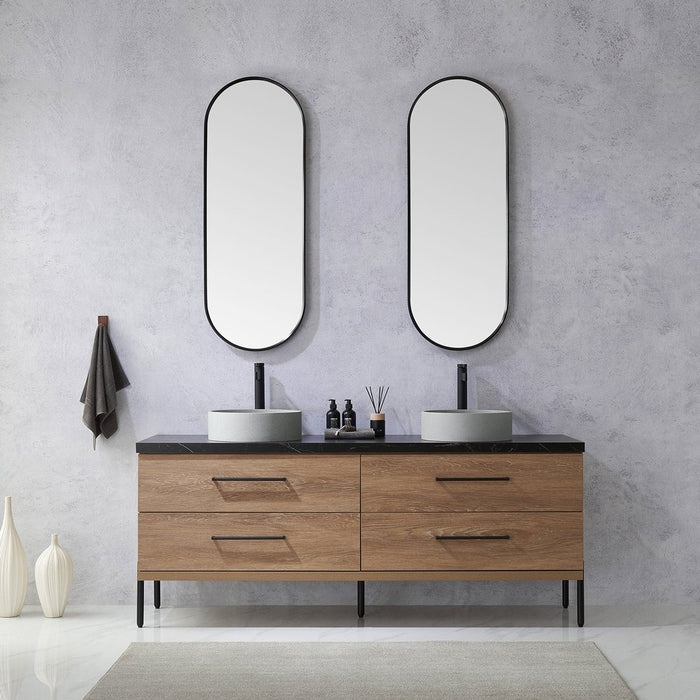 Vinnova Designs Trento 72" Double Sink Bath Vanity in North American Oak with Black Sintered Stone Top with Concrete Sink and Mirror