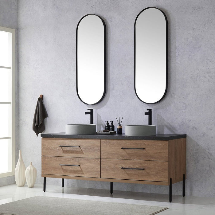 Vinnova Designs Trento 72" Double Sink Bath Vanity in North American Oak with Black Sintered Stone Top with Concrete Sink and Mirror