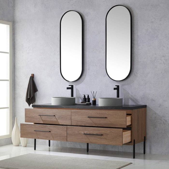 Vinnova Designs Trento 72" Double Sink Bath Vanity in North American Oak with Black Sintered Stone Top with Concrete Sink and Mirror