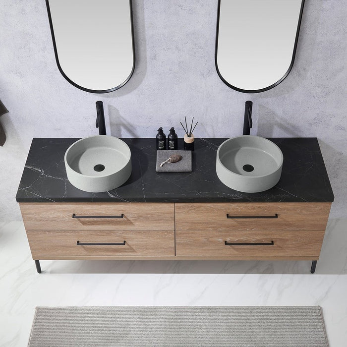 Vinnova Designs Trento 72" Double Sink Bath Vanity in North American Oak with Black Sintered Stone Top with Concrete Sink and Mirror