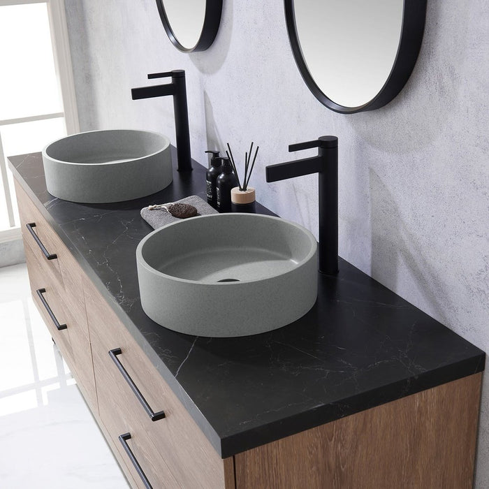 Vinnova Designs Trento 72" Double Sink Bath Vanity in North American Oak with Black Sintered Stone Top with Concrete Sink and Mirror