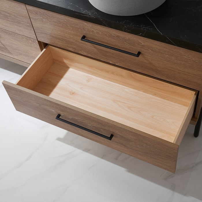 Vinnova Designs Trento 72" Double Sink Bath Vanity in North American Oak with Black Sintered Stone Top with Concrete Sink and Mirror