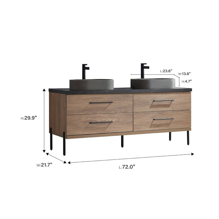 Vinnova Designs Trento 72" Double Sink Bath Vanity in North American Oak with Black Sintered Stone Top with Concrete Sink and Mirror