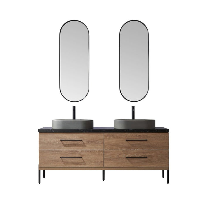 Vinnova Designs Trento 72" Double Sink Bath Vanity in North American Oak with Black Sintered Stone Top with Concrete Sink and Mirror